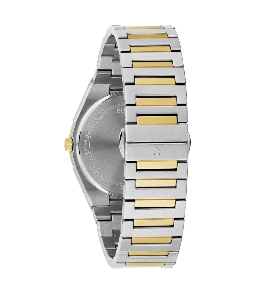 Bulova Classic Two Tone Stainless Steel Quartz
Men's Watch, 39mm

Brand: Bulova
• Collection Name: Classic
• Model #: 98B424
• Case Material: Stainless Steel
• Case Thickness: 7.65 mm
• Case Diameter: 39 mm
• Bezel: Fixed
• Movement: Quartz
• Caliber: GM1