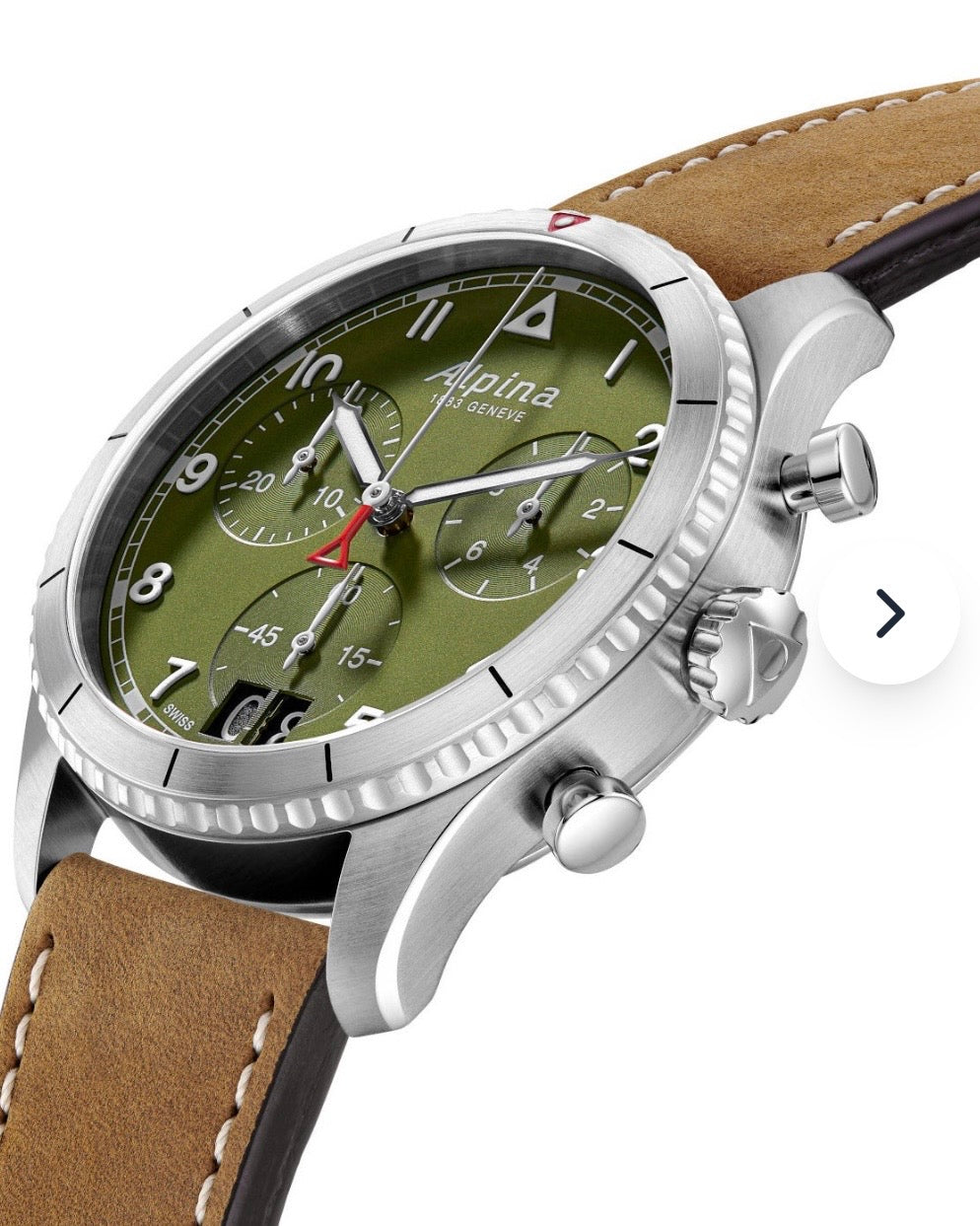 Pilot Quartz Chronograph Big Date
SKU: AL-372GR4S26 ALPINA MENS

With box and tag 

This Startimer Pilot Quartz Chronograph Big Date comes in a 41mm case with a calf leather strap and a quartz movement. The watch offers hours, minutes, seconds, big date a