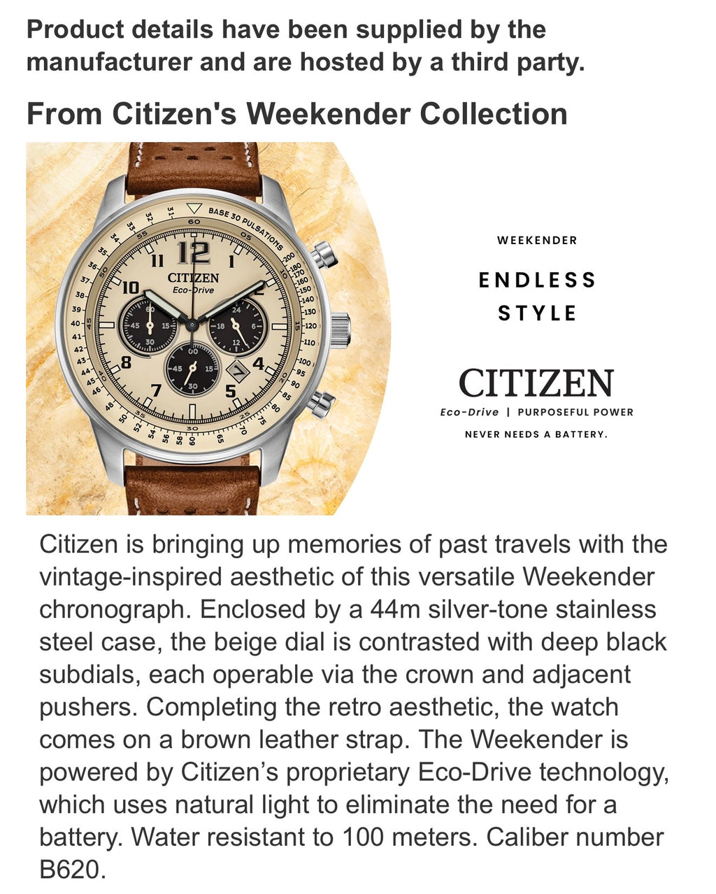 Citizen Eco Drive Weekender Chronograph Stainless Steel Quartz Men's Watch, 44mm

Brand: Citizen Eco Drive
• Collection Name: Weekender
• Model #: CA4500-08X
• Case Material: Stainless Steel
• Case Thickness: 11.8 mm
• Case Diameter: 44 mm
• Bezel: Fixed