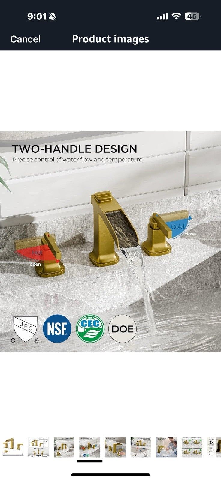 FORIOUS Waterfall Brushed Gold Bathroom Faucets 3 Hole, Modern 