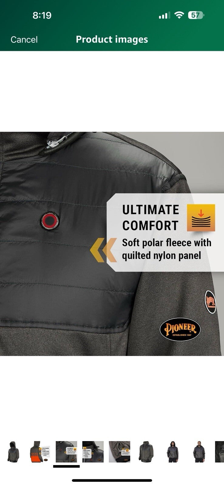 Pioneer Men's Heated Fleece Hooded Jacket with Detachable Hood - XL