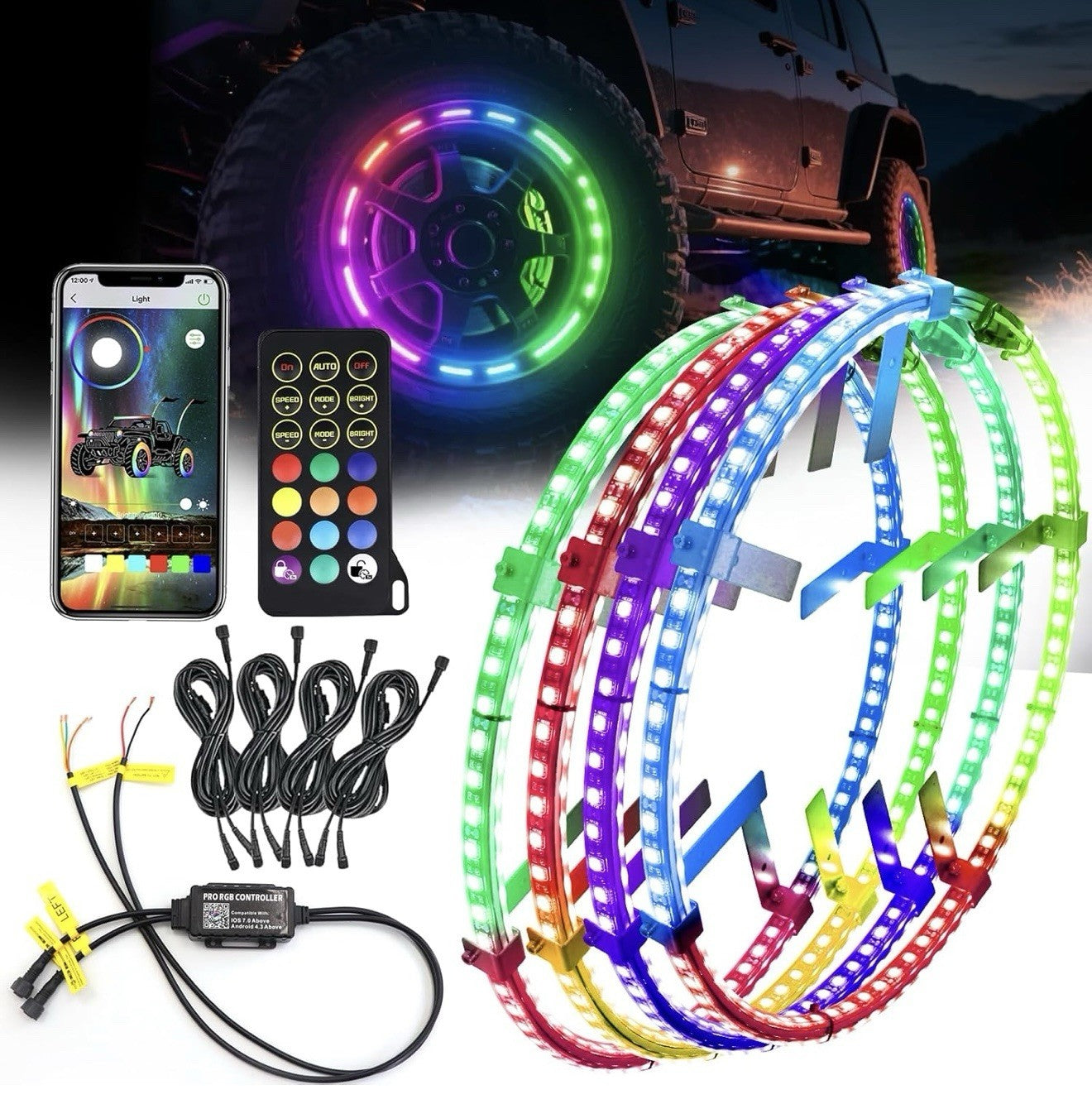 Tavaray 4PCS 17" Double Sided RGB LED Wheel Ring Lights with APP & Remote