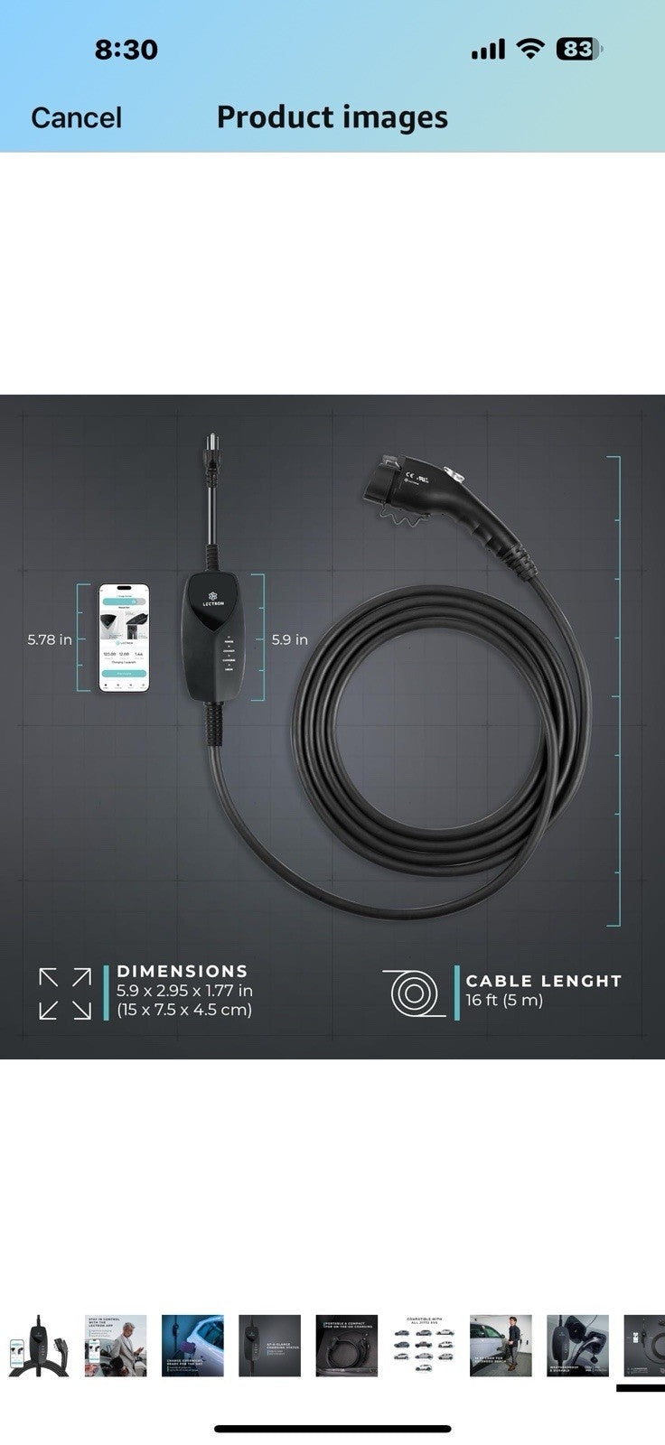 Lectron Level 1 J1772 EV Charger (WiFi) with App Control - 120V, 12 Amp, & 16 ft