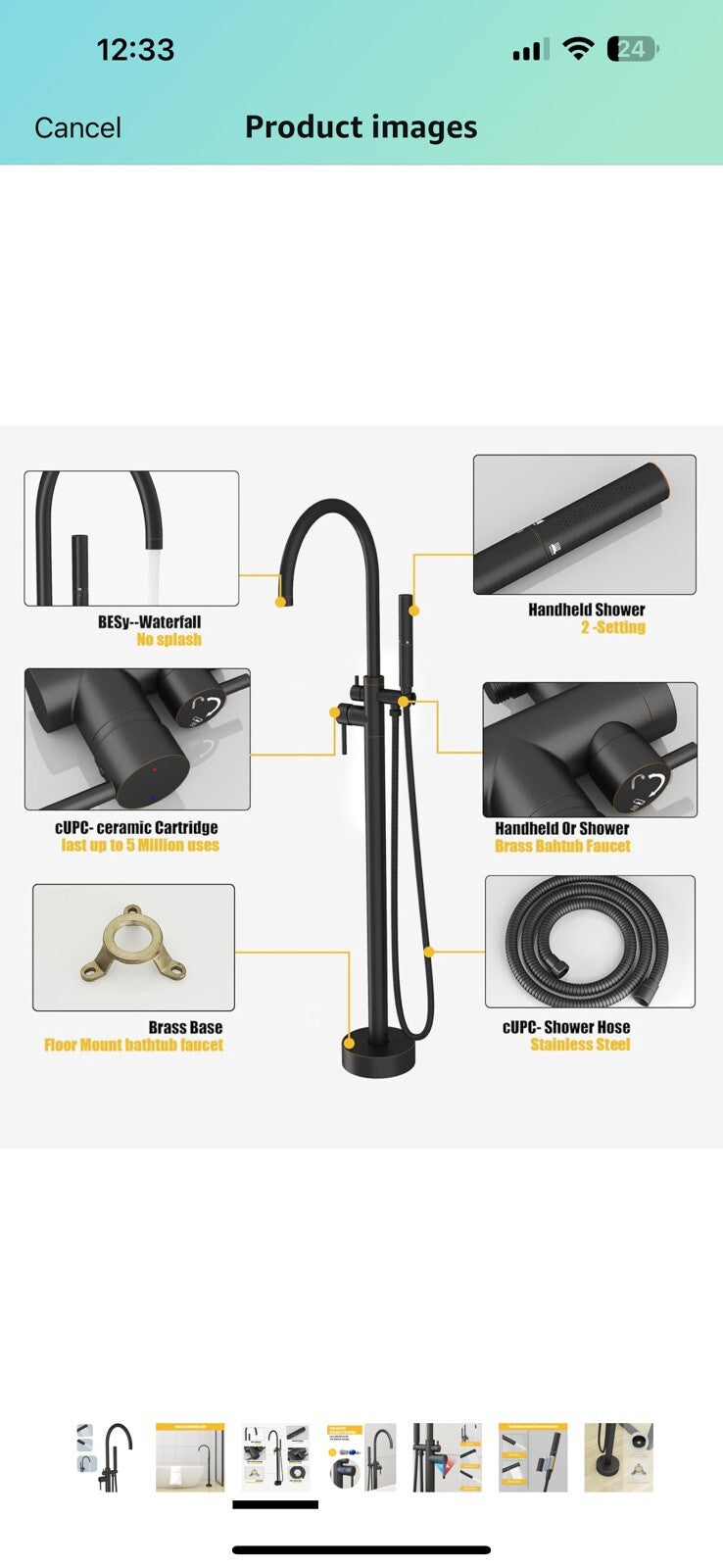 BESy Freestanding Bathtub Faucet Tub Filler Floor Mount Stand Brass Bathroom