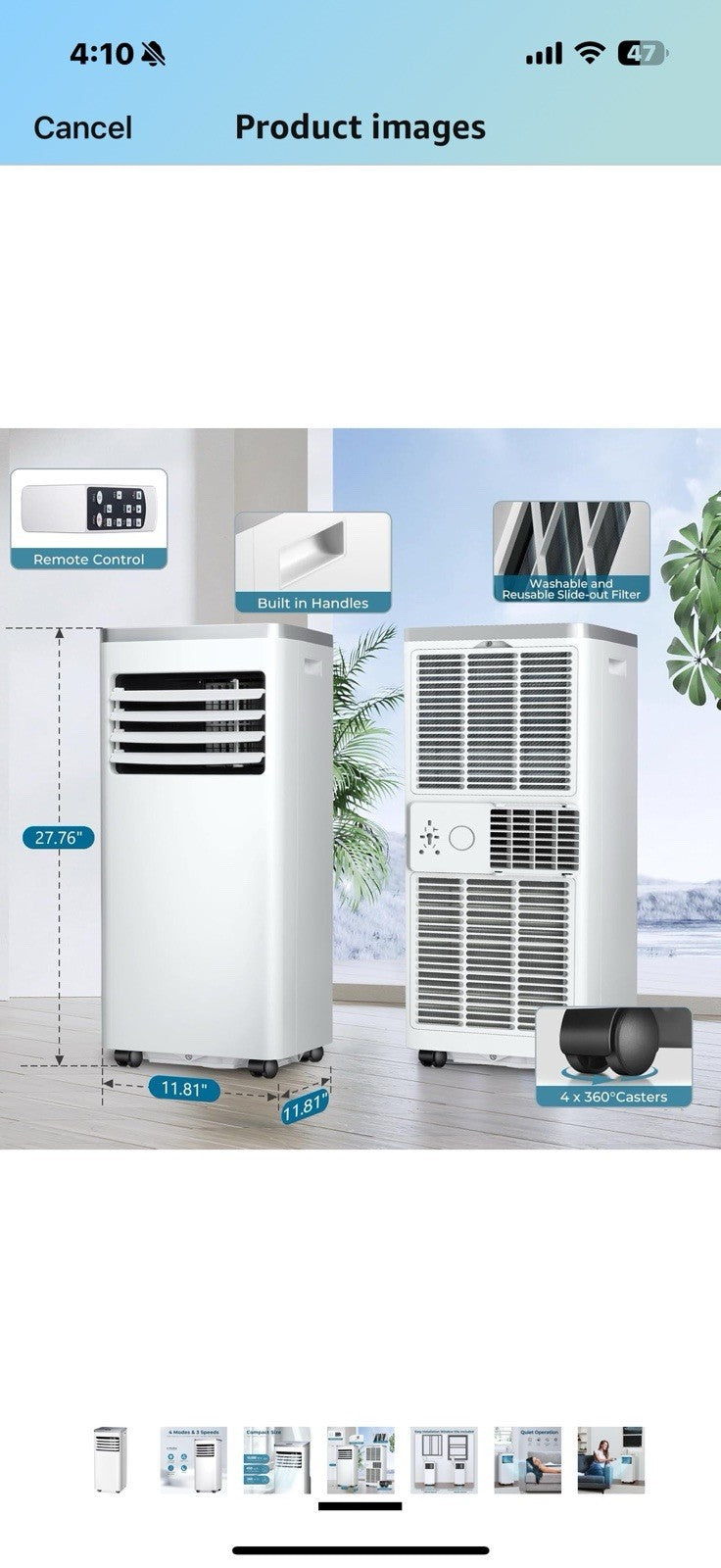10,000 BTU Portable Air Conditioner, Quiet 3 in 1 AC Unit with Fan & Dehum