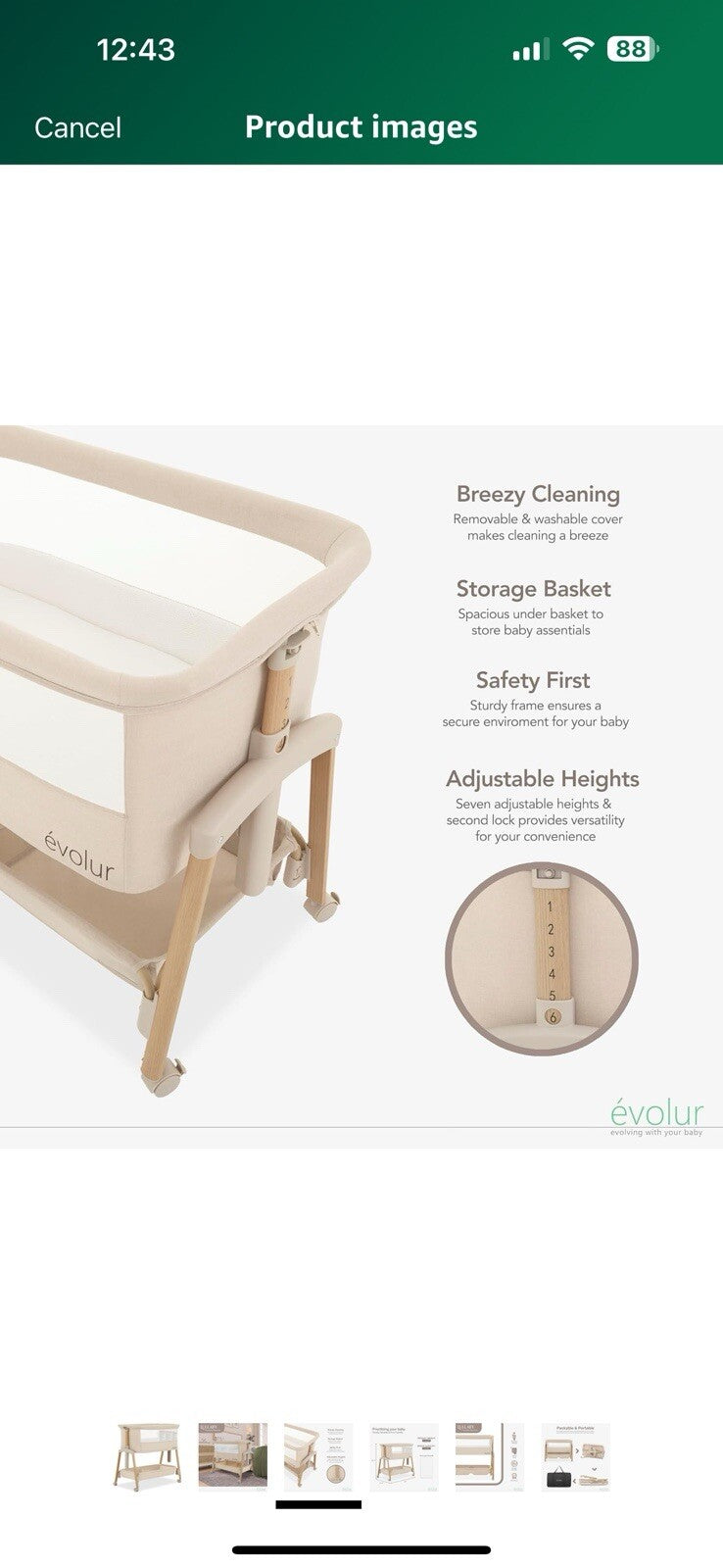 Evolur Lullaby Portable Bassinet with Wheels