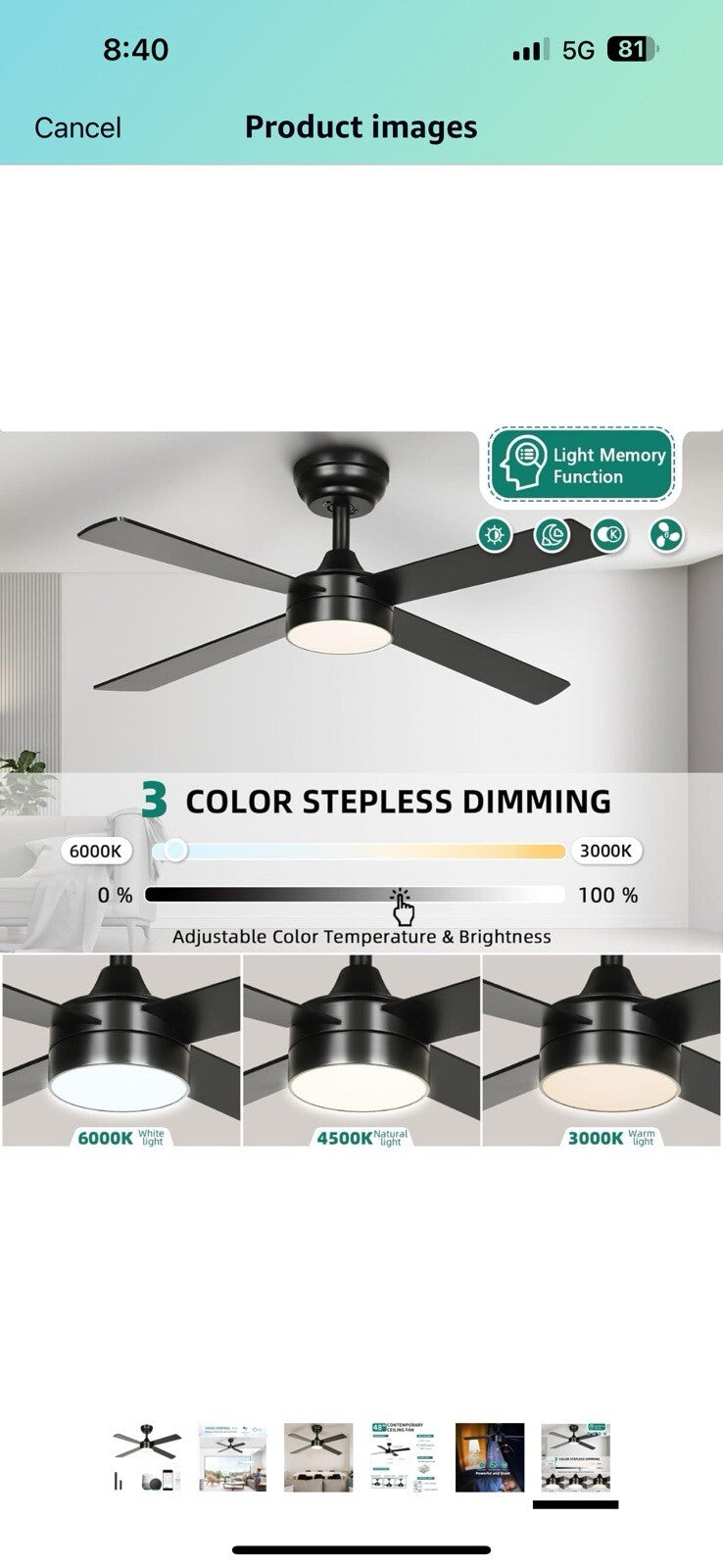 YITAHOME 48 Inch Black Ceiling Fan with Lights and Remote,4 Blades, 
