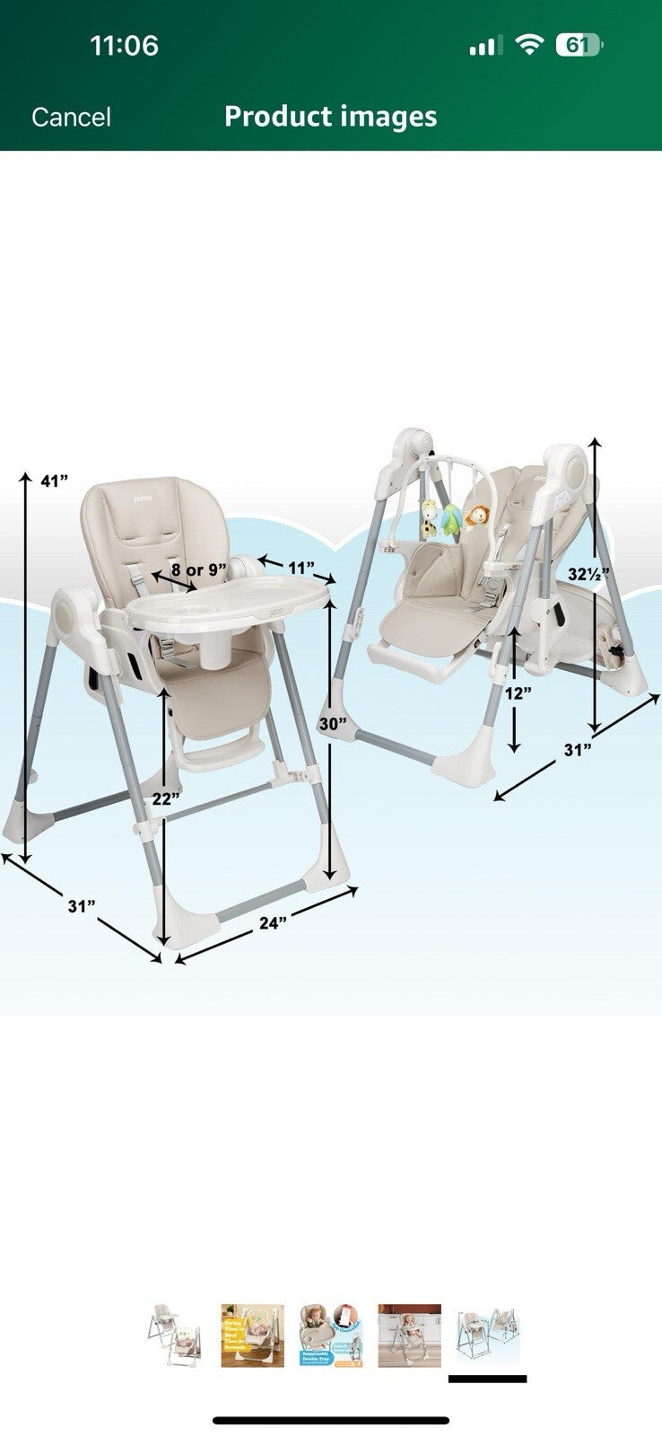 PrimoBaby SnuggleBug 2-in-1 Infant Swing & High Chair, Adjustable