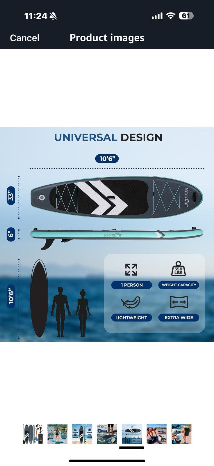 SereneLife 10’6” Inflatable Stand Up Paddle Board with Premium SUP Accessories