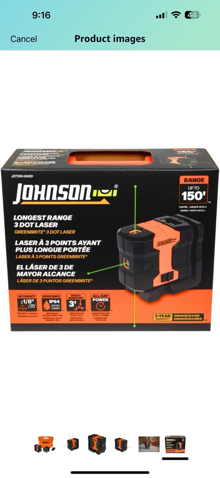 Johnson Level & Tool JDT300-GN3D Laser Level, Self-Leveling Kit 3 Dot Laser