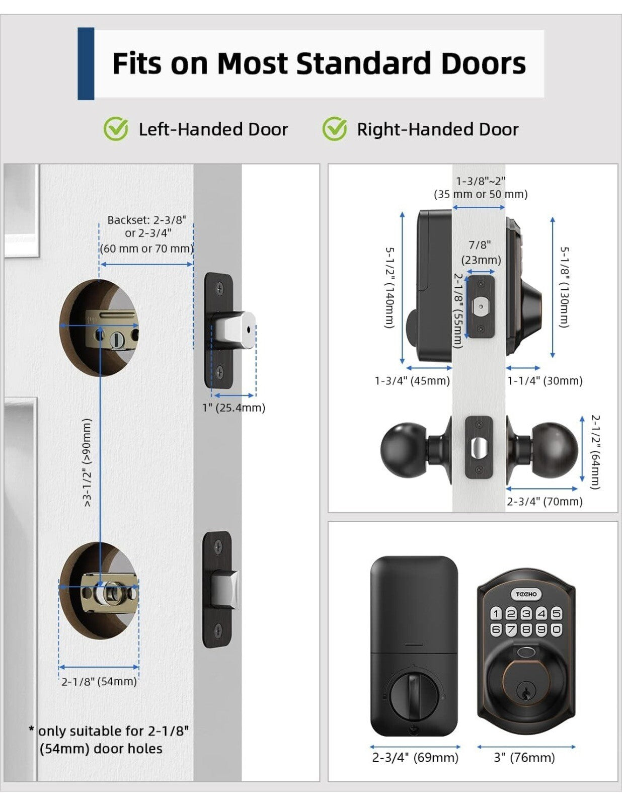 TEEHO TE002K Fingerprint Door Lock Set - Keyless Entry Door Lock with Handle