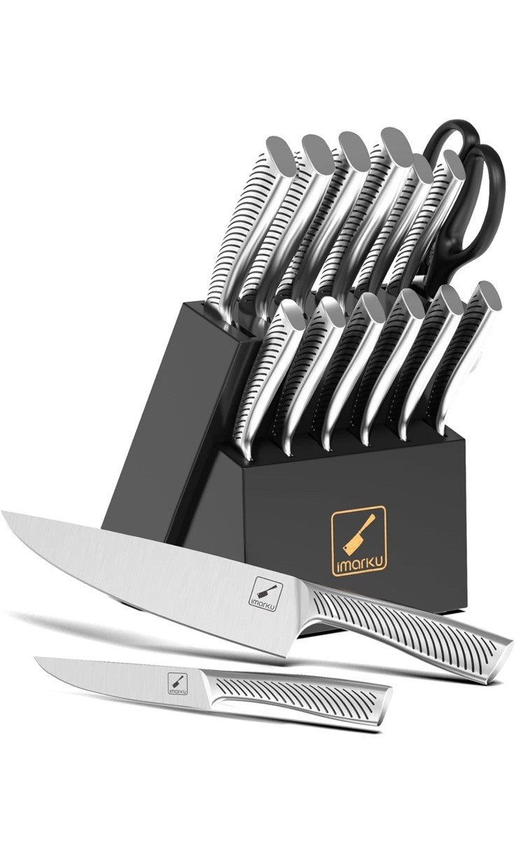 imarku Knife Block Set, Black Knife Set with Block, 14Pcs High Carbon Stainless