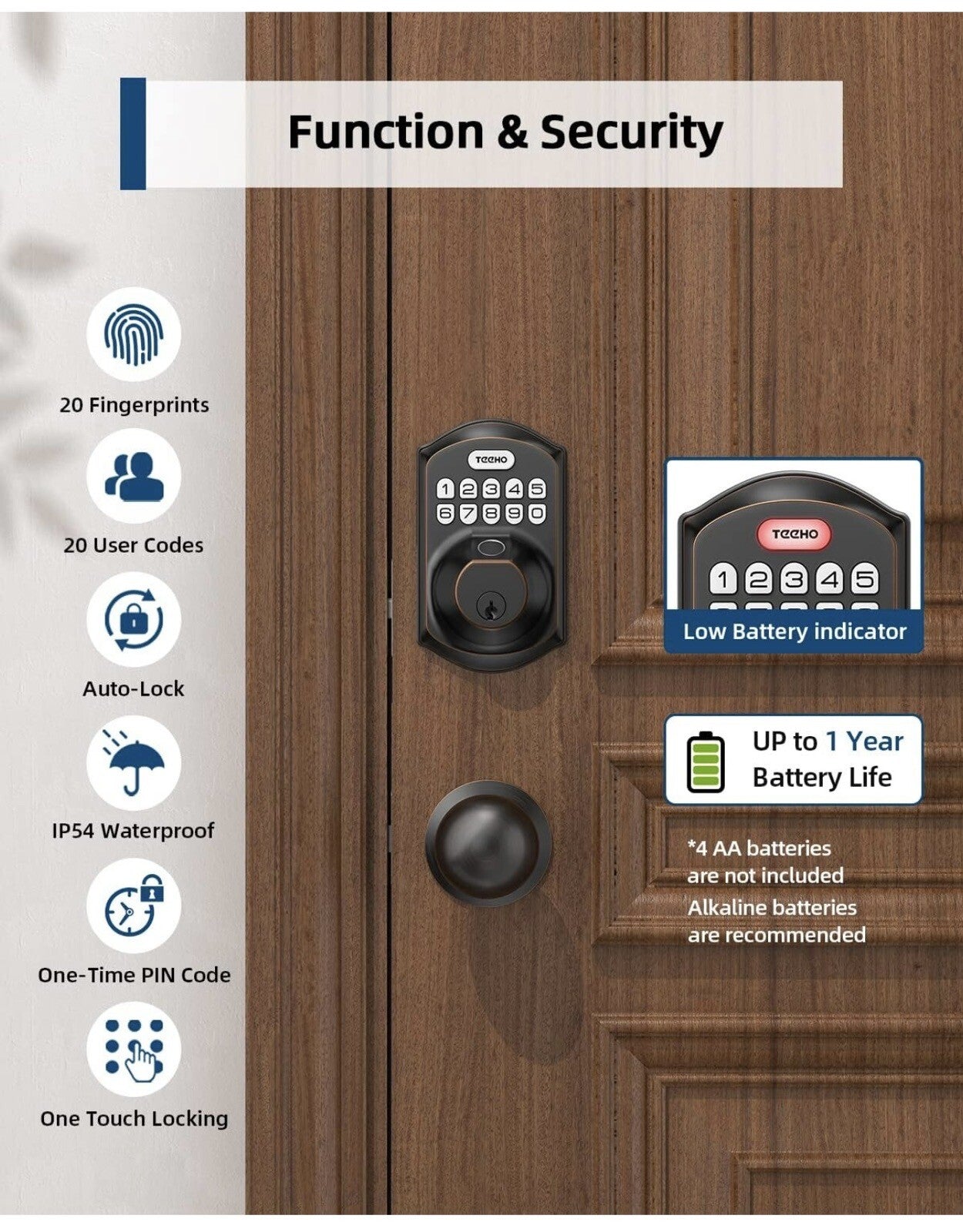 TEEHO TE002K Fingerprint Door Lock Set - Keyless Entry Door Lock with Handle