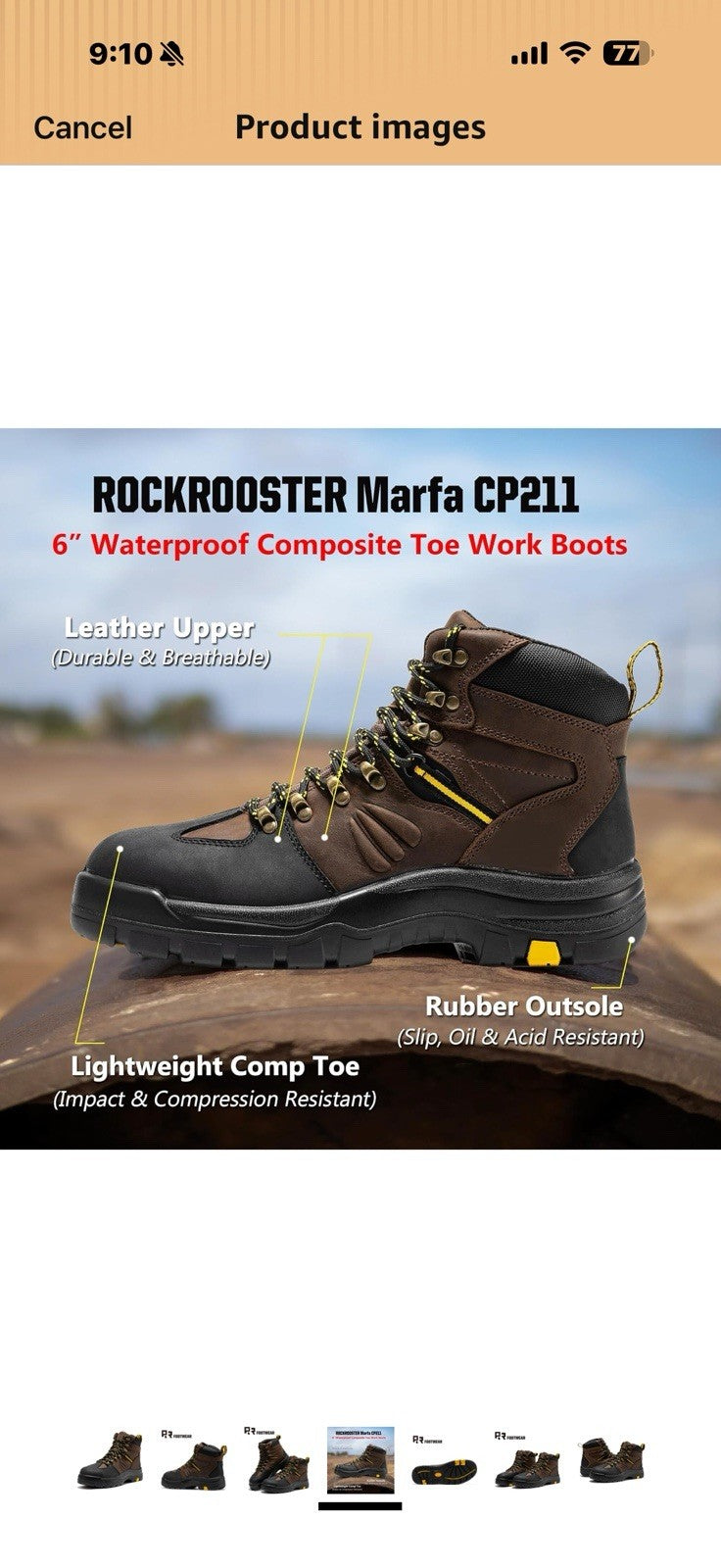 ROCKROOSTER Marfa Composite Toe 6-Inch Ankle Support Waterproof 11.5 Wide