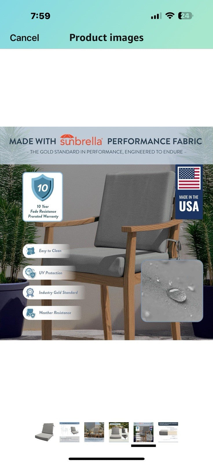 California Umbrella Foam Dining Chair Cushion, 20 x 40, Granite