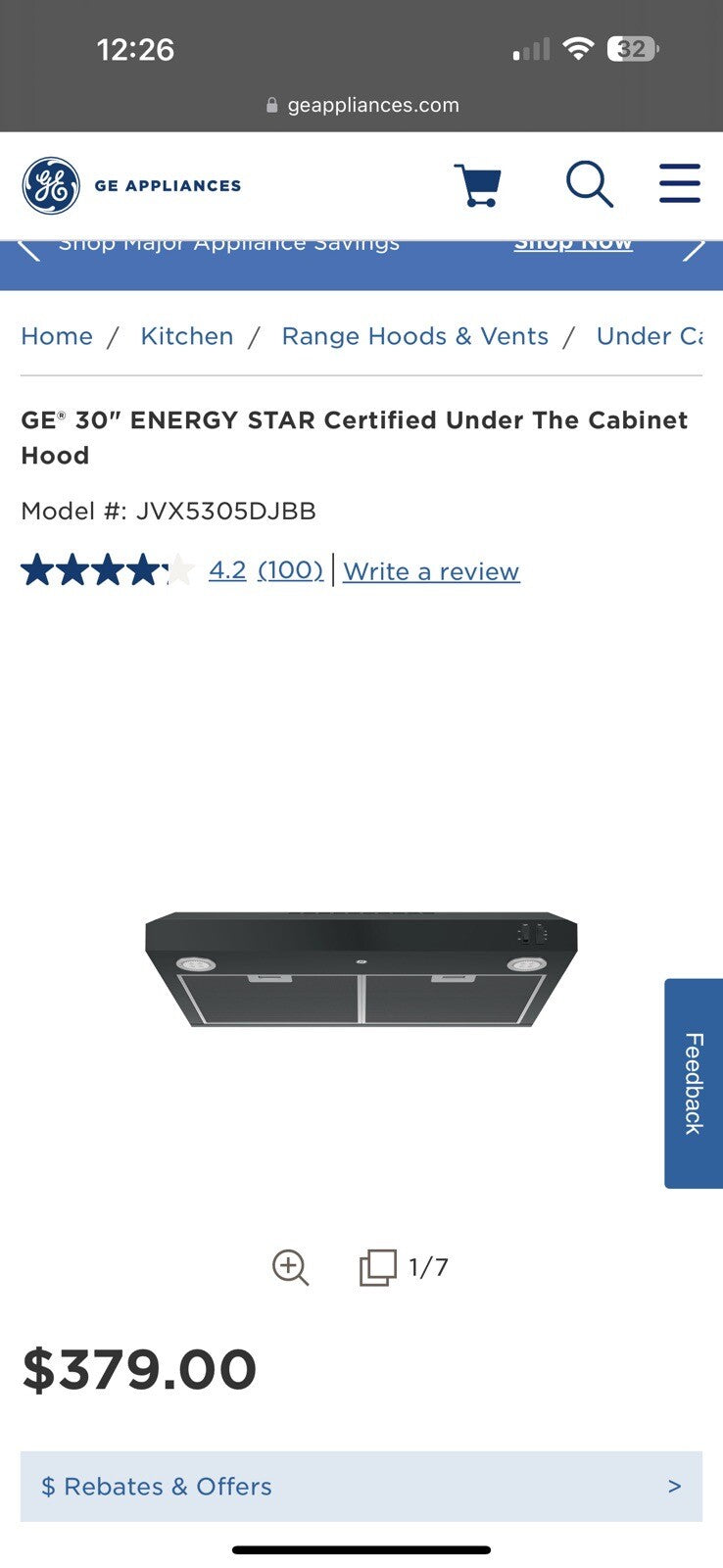 GE 30" Energy Star Certified Under The Cabinet Hood