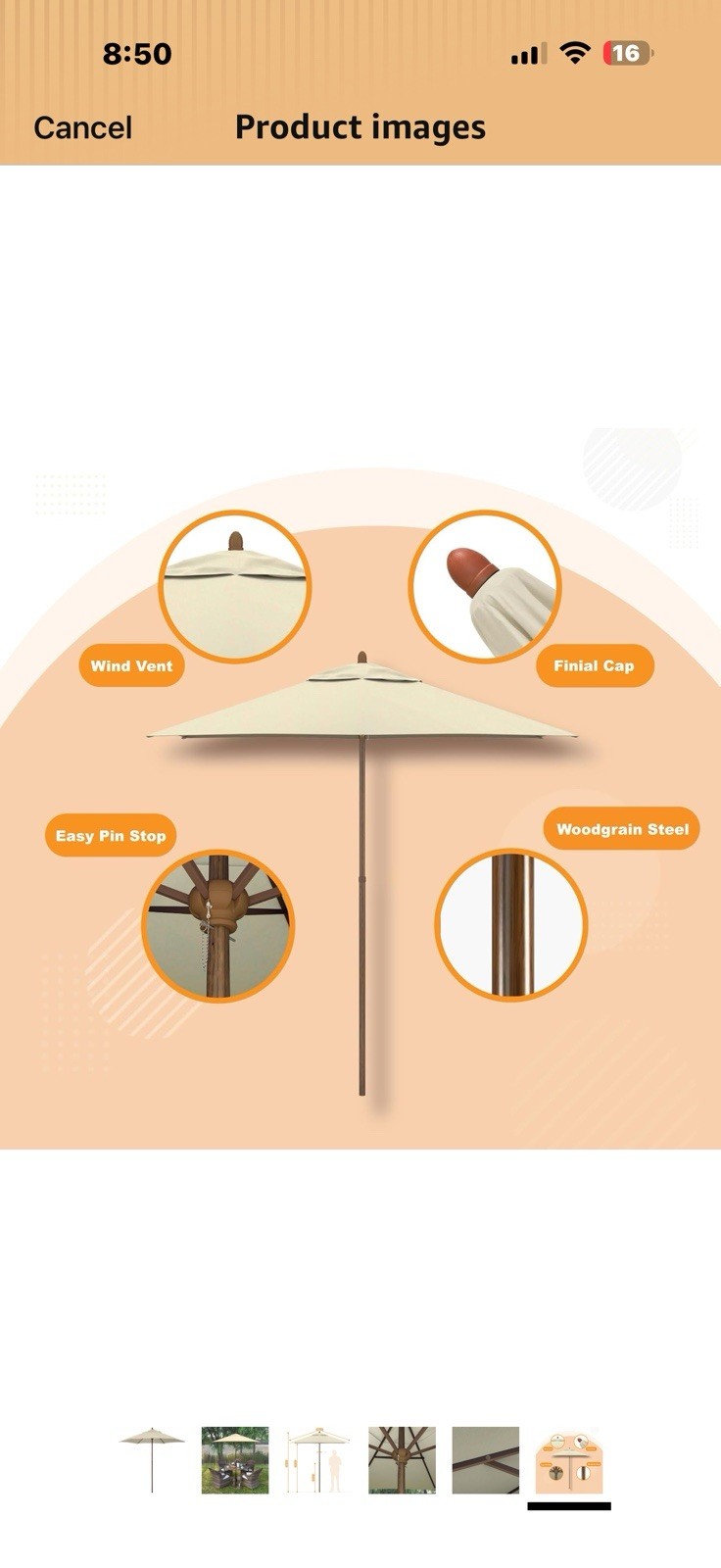 Sunline 9 ft Faux- Wood Patio Umbrella, Push Open Pin Stop Outdoor Market 