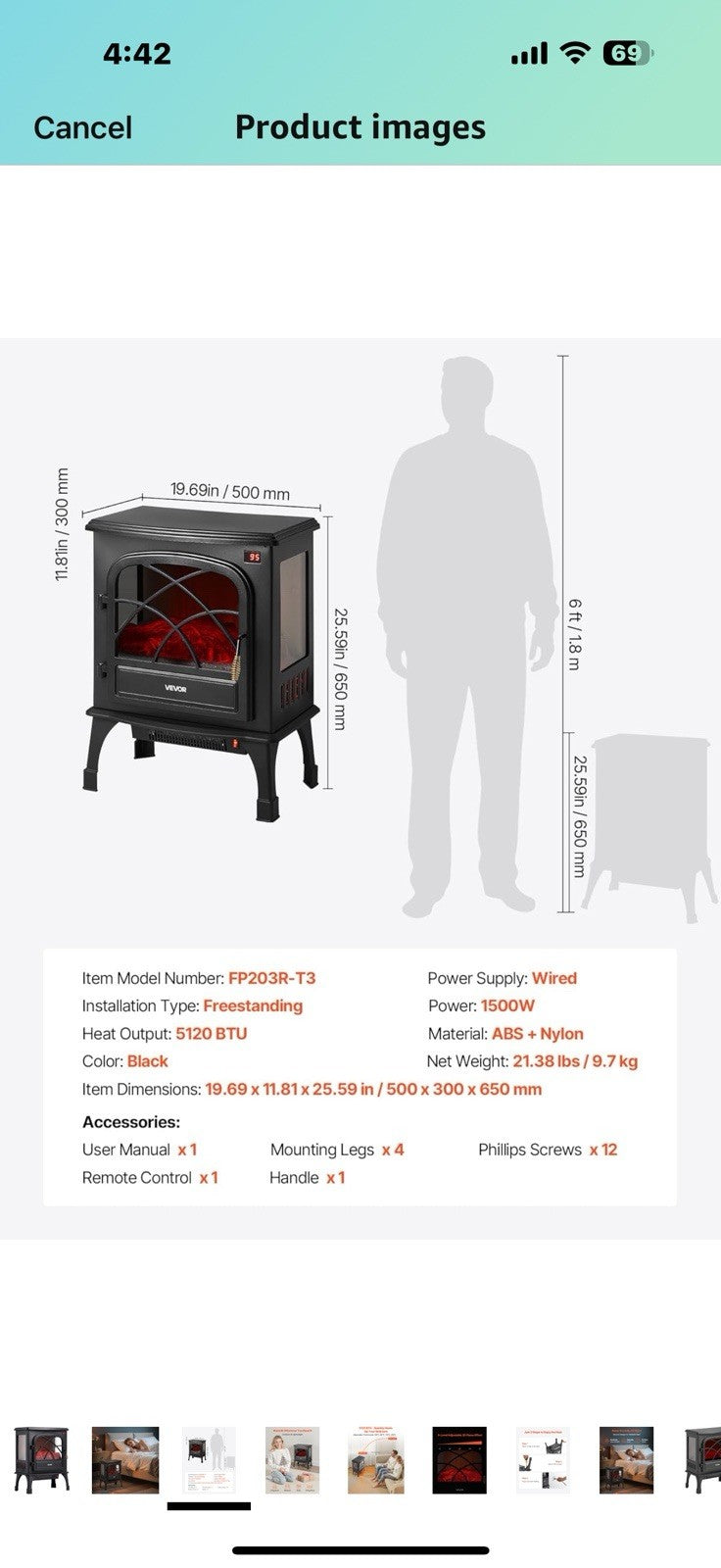 VEVOR 25.5inch Freestanding Fireplaces, 1500W 5120BTU Portable Electric