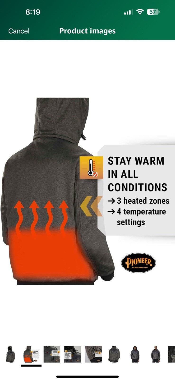 Pioneer Men's Heated Fleece Hooded Jacket with Detachable Hood - XL