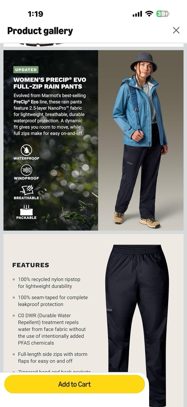 MARMOT Women's PreCip Evo Full Zip Rain Pant, Black, Large