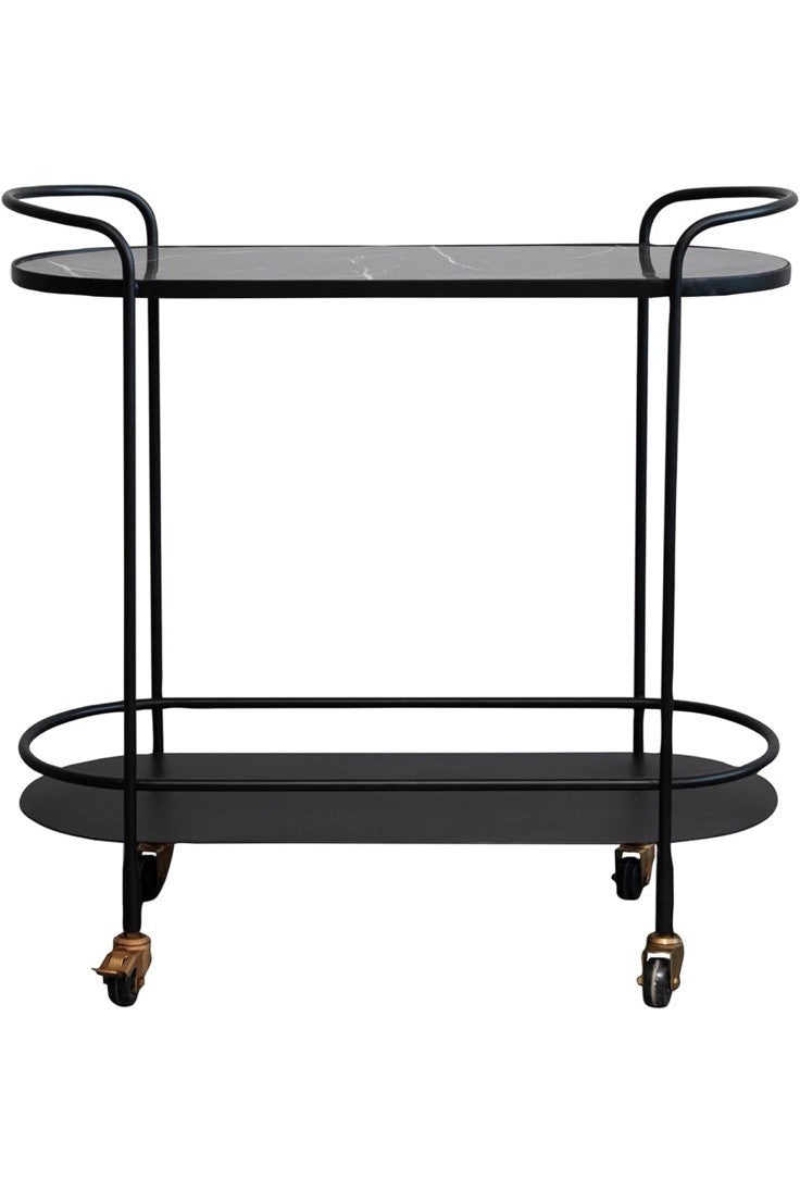 Bloomingville Metal and Veneer 2-Tier Bar Cart on Wheels, Matte Black