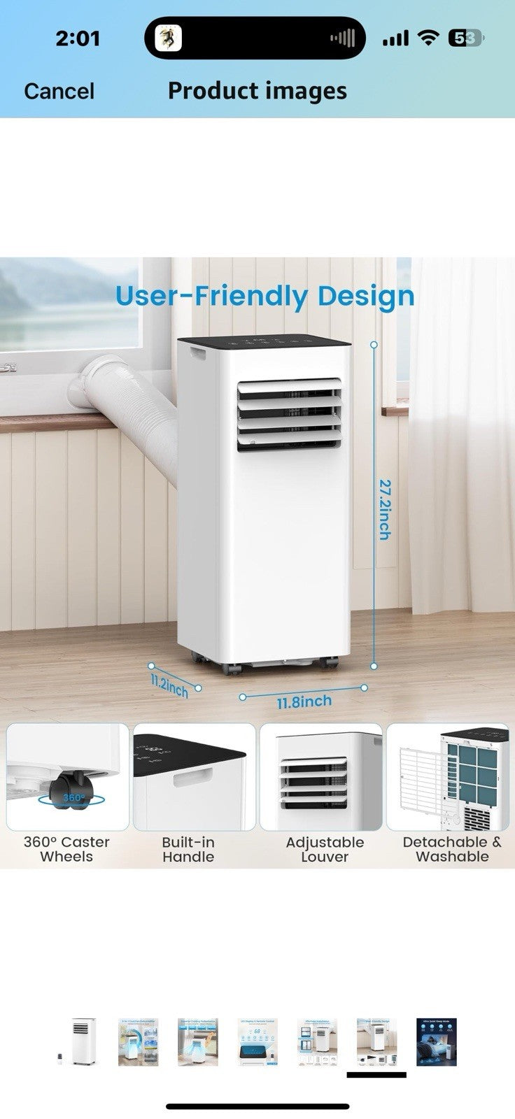 Portable Air Conditioner 8000 BTU (ASHRAE) Cools Up to 350 Sq. Ft., Remote 