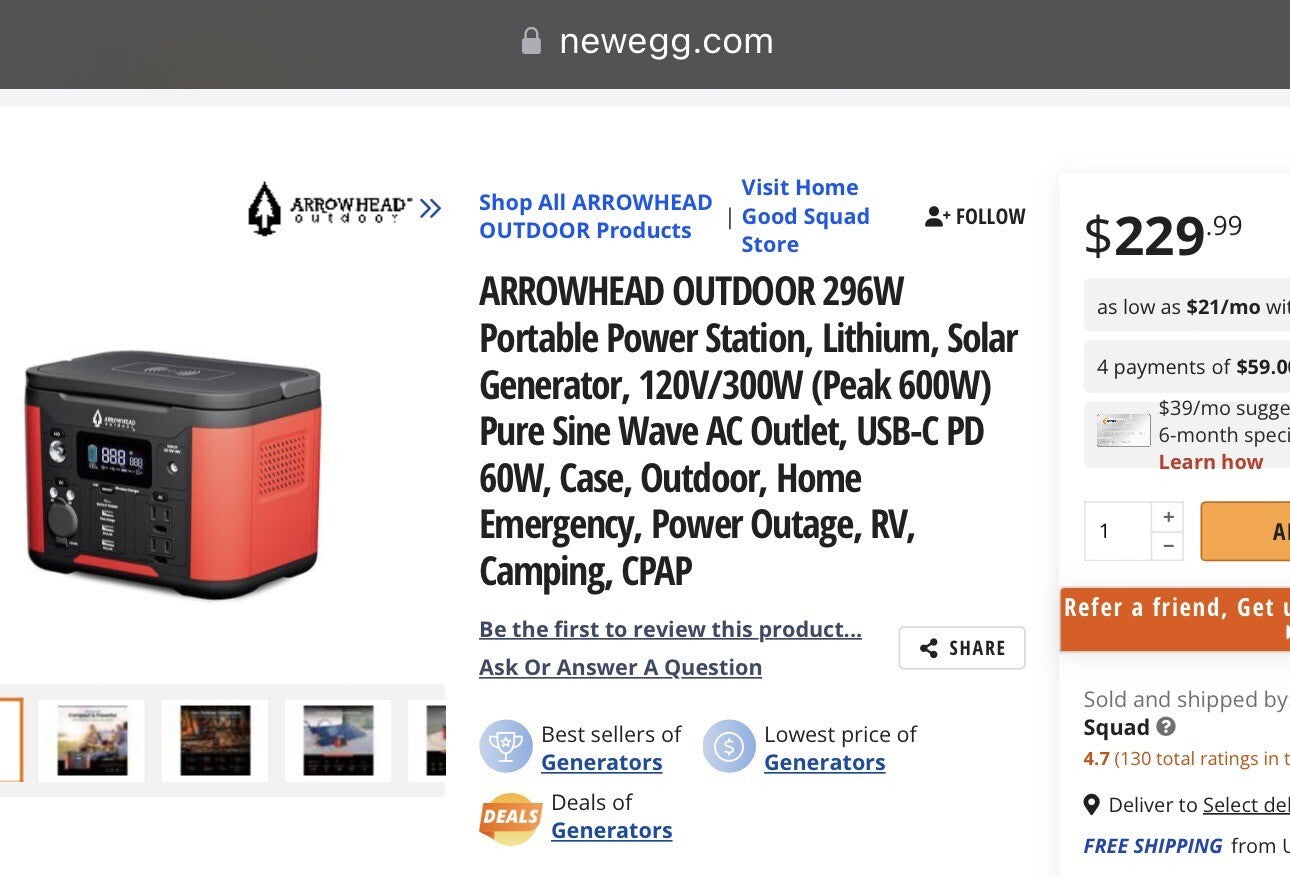ARROWHEAD OUTDOOR 296WPortable Power Station, Lithium, Solar Generator,
