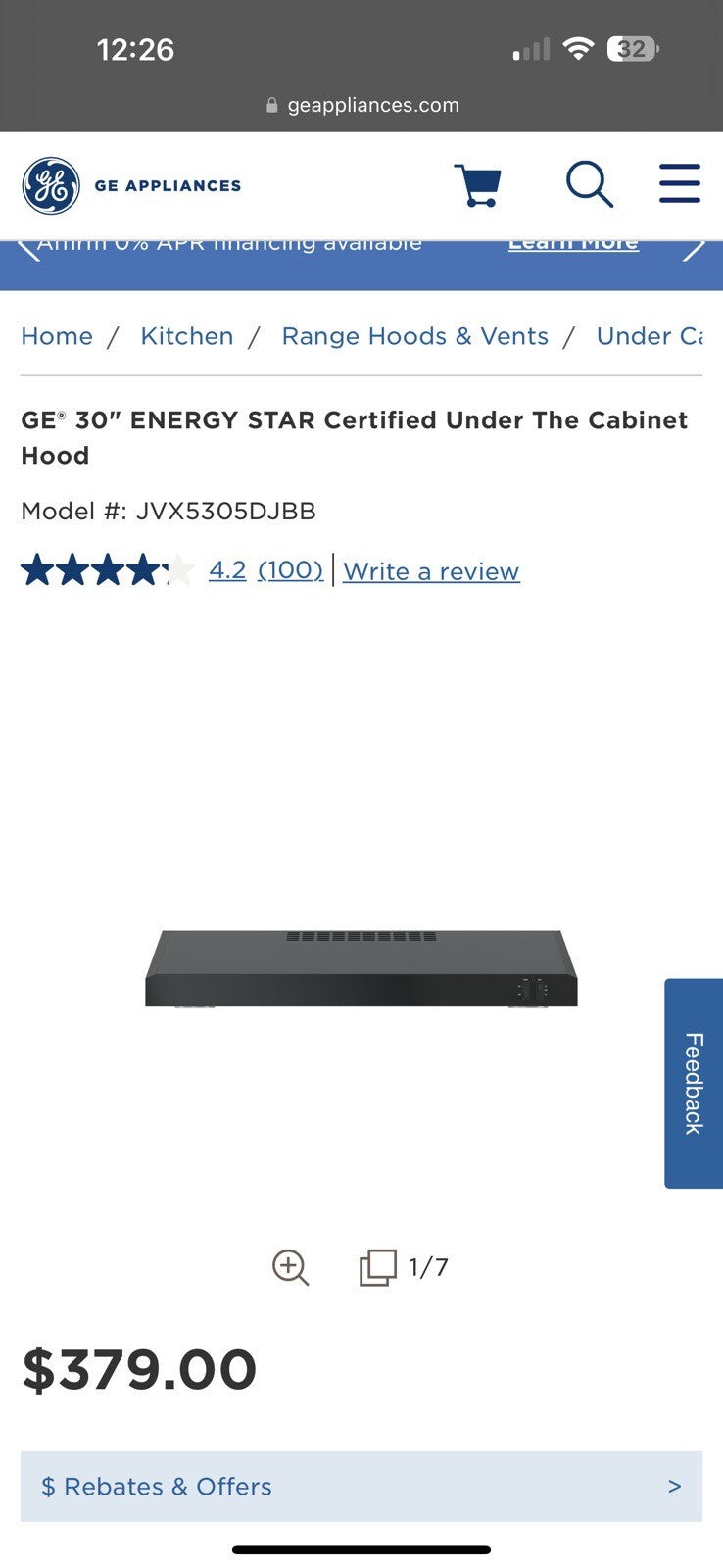 GE 30" Energy Star Certified Under The Cabinet Hood