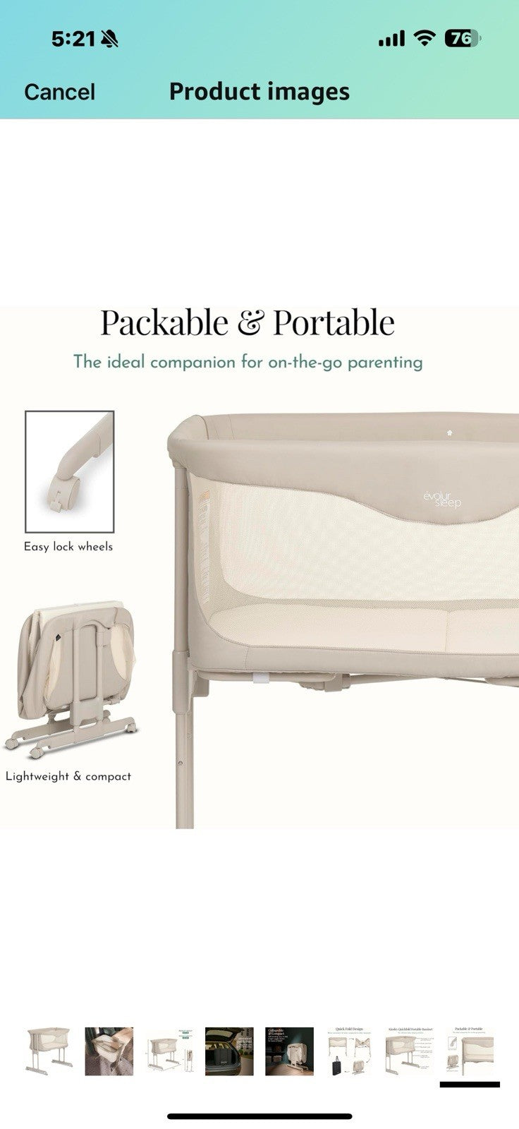 Evolur Kinsley Bedside Bassinet – Quick Fold, Breathable Mesh Sides, 
