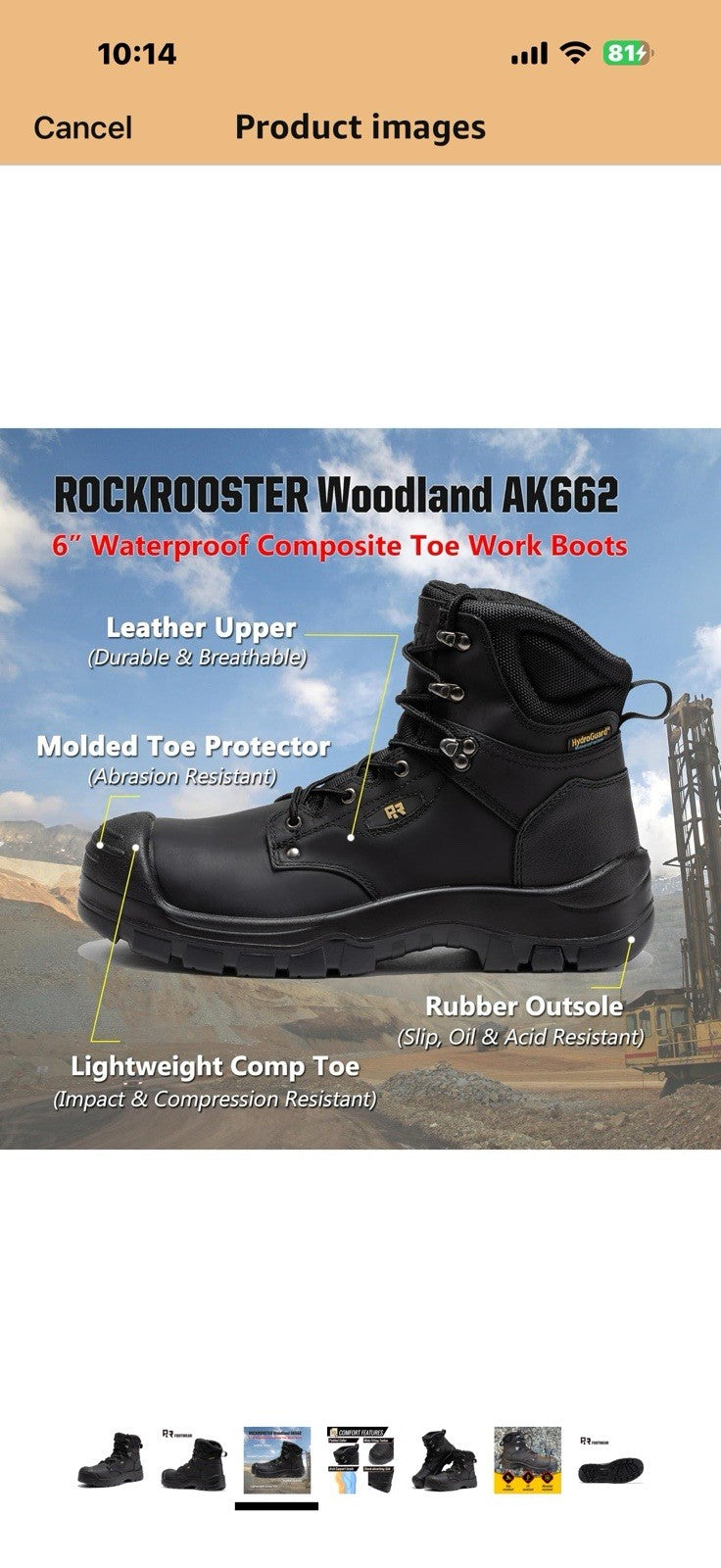 ROCKROOSTER 6 Inch Black Composite Toe Waterproof Work Boots for Men, 