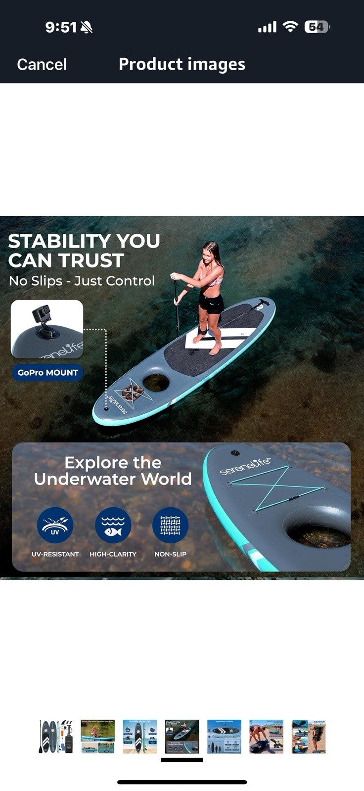 SereneLife 10’6” Inflatable Stand-Up Paddle Board with Window - 32” Wide