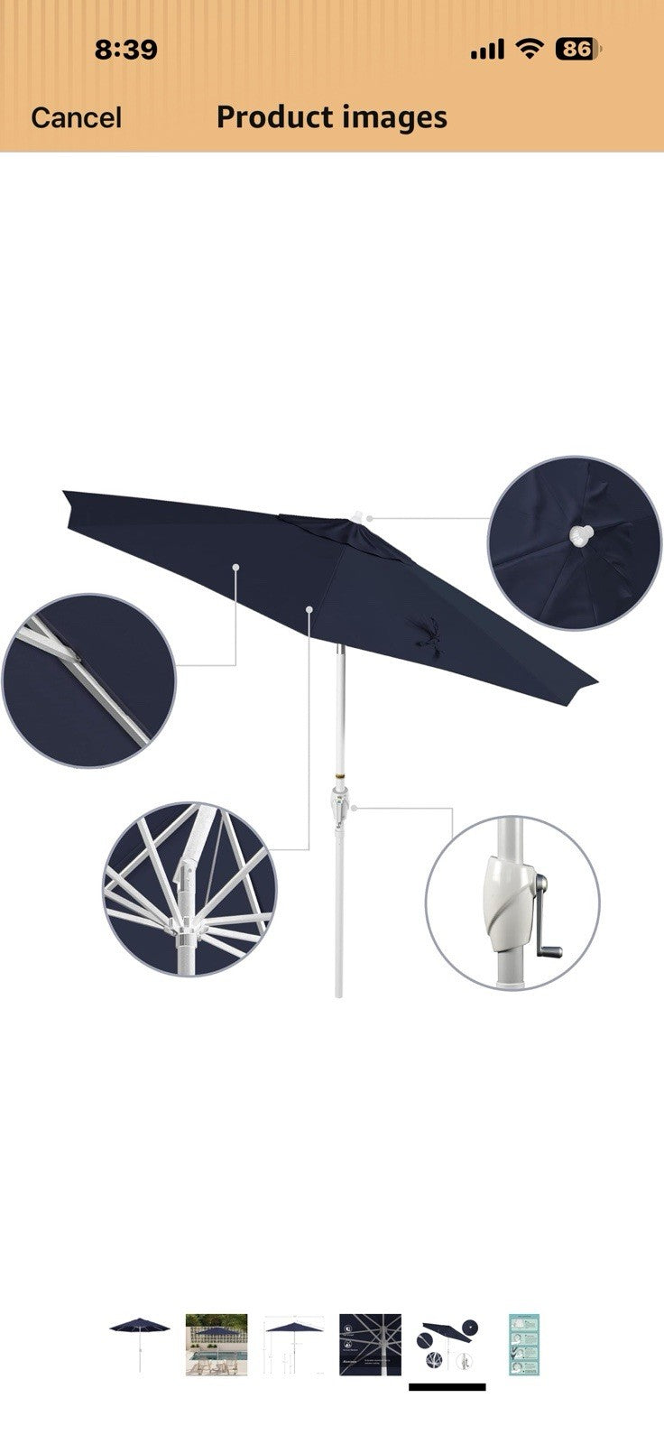 California Umbrella 9' Rd Aluminum Patio Umbrella, Crank Lift, Auto Tilt, White