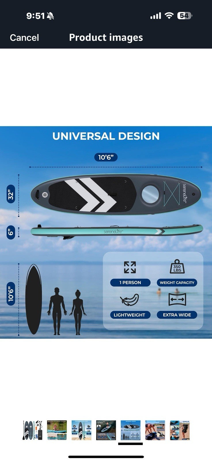 SereneLife 10’6” Inflatable Stand-Up Paddle Board with Window - 32” Wide