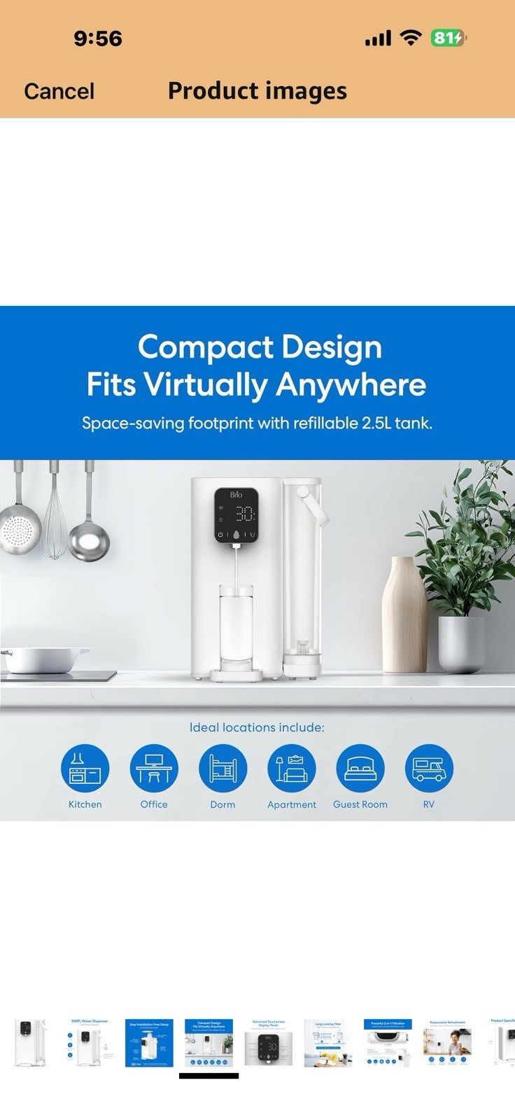 Brio SIMPL W2 Countertop Water Dispenser w/Refillable 2.5L Water Tank, 