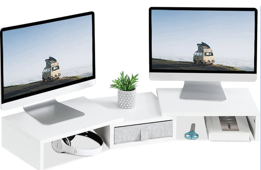 MARTY Dual Monitor Stand, White Monitor Riser with Drawer Length & Angle 