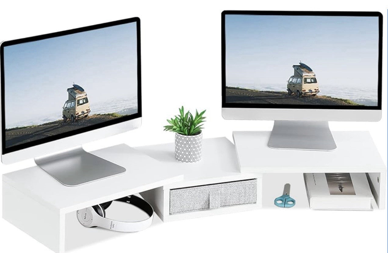 MARTY Dual Monitor Stand, White Monitor Riser with Drawer Length & Angle 