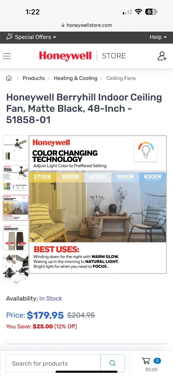 Honeywell Berryhill Indoor Ceiling Fan, Matte Black, 48-Inch - 51858-01