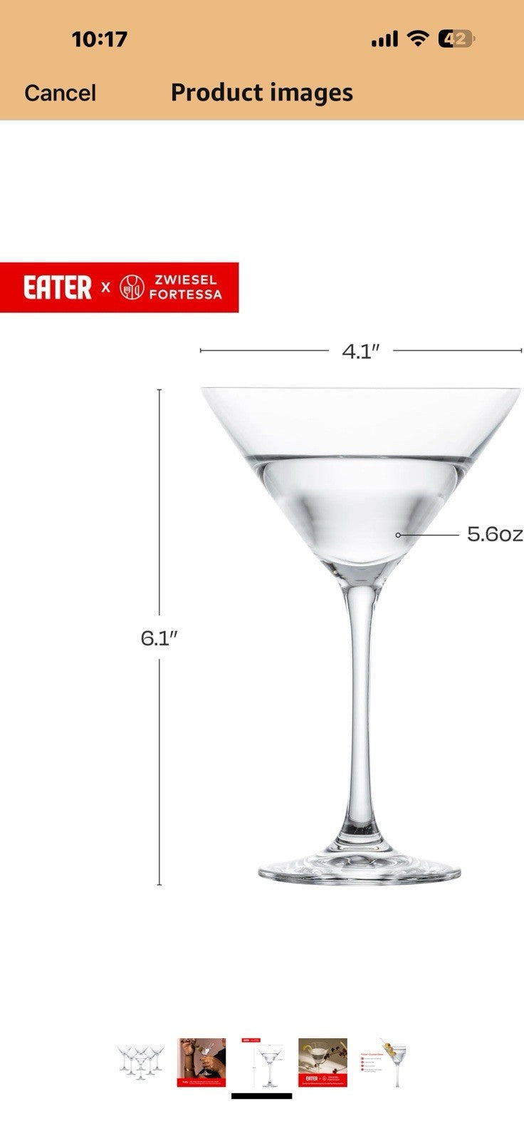 Eater x Zwiesel Fortessa Folly Crystal Glass, 6 Ounce Martini (Set of 6), Clear