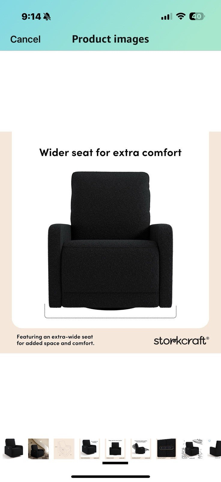 Storkcraft Kyoto Deluxe Extra-Wide Power Recliner Swivel Glider (Black Boucle) 