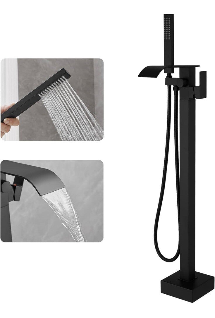 BWE Black Freestanding Bathtub Faucet Floor Mounted Tub Filler Waterfall