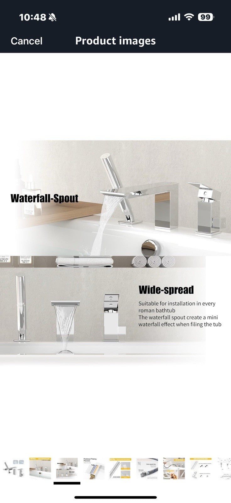 BESy Brass Waterfall Roman Bath Tub Faucets with Sprayer, Deck Mount