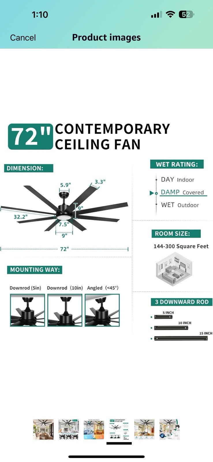YITAHOME 72 Inch Ceiling Fans with Lights and Remote Control for Indoor