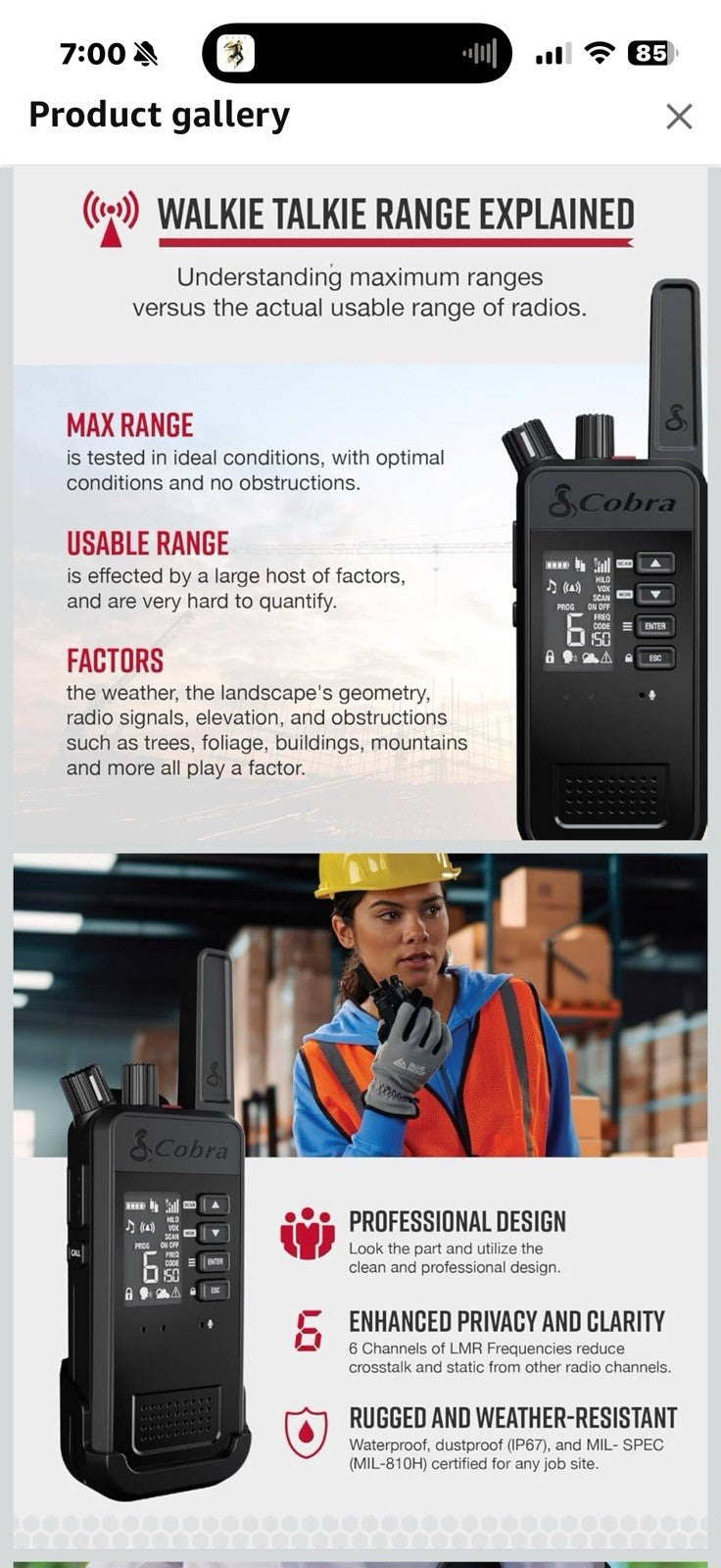 Cobra Performa 450 Business Radio (1-Pack with Dock) - 6-Channel UHF