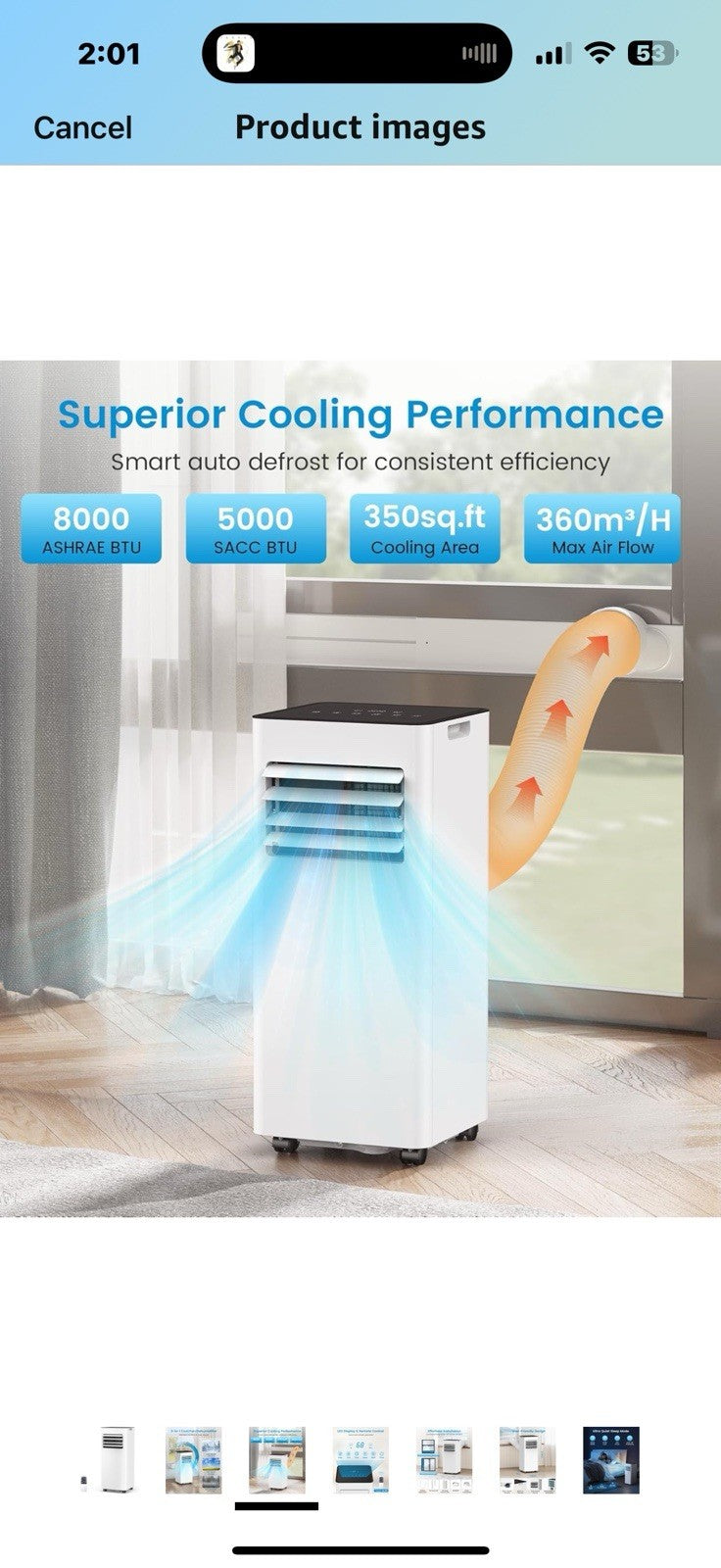 Portable Air Conditioner 8000 BTU (ASHRAE) Cools Up to 350 Sq. Ft., Remote 