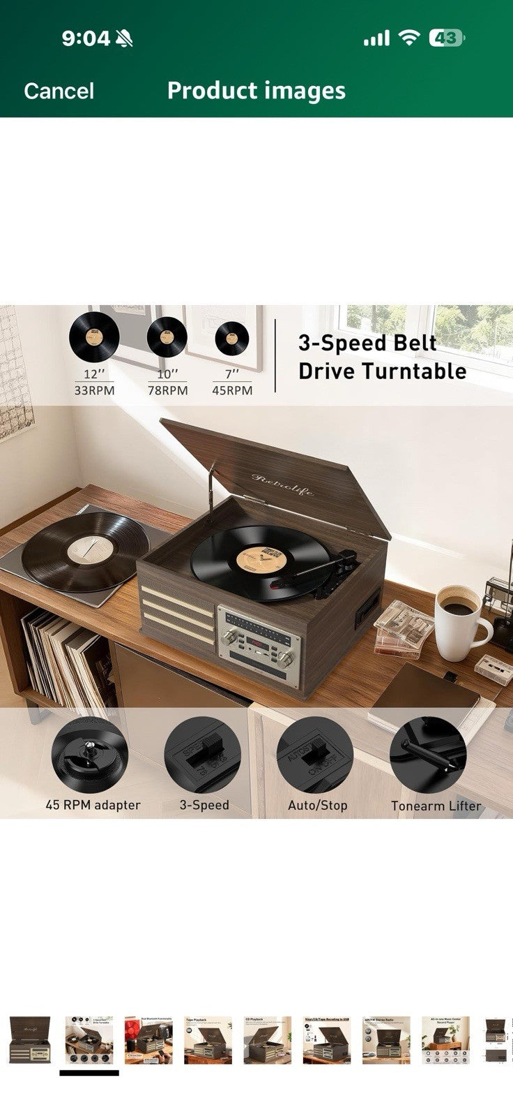 Vinyl Record Player 10-in-1 Music Center Turntable Built-in Speakers Support 3
