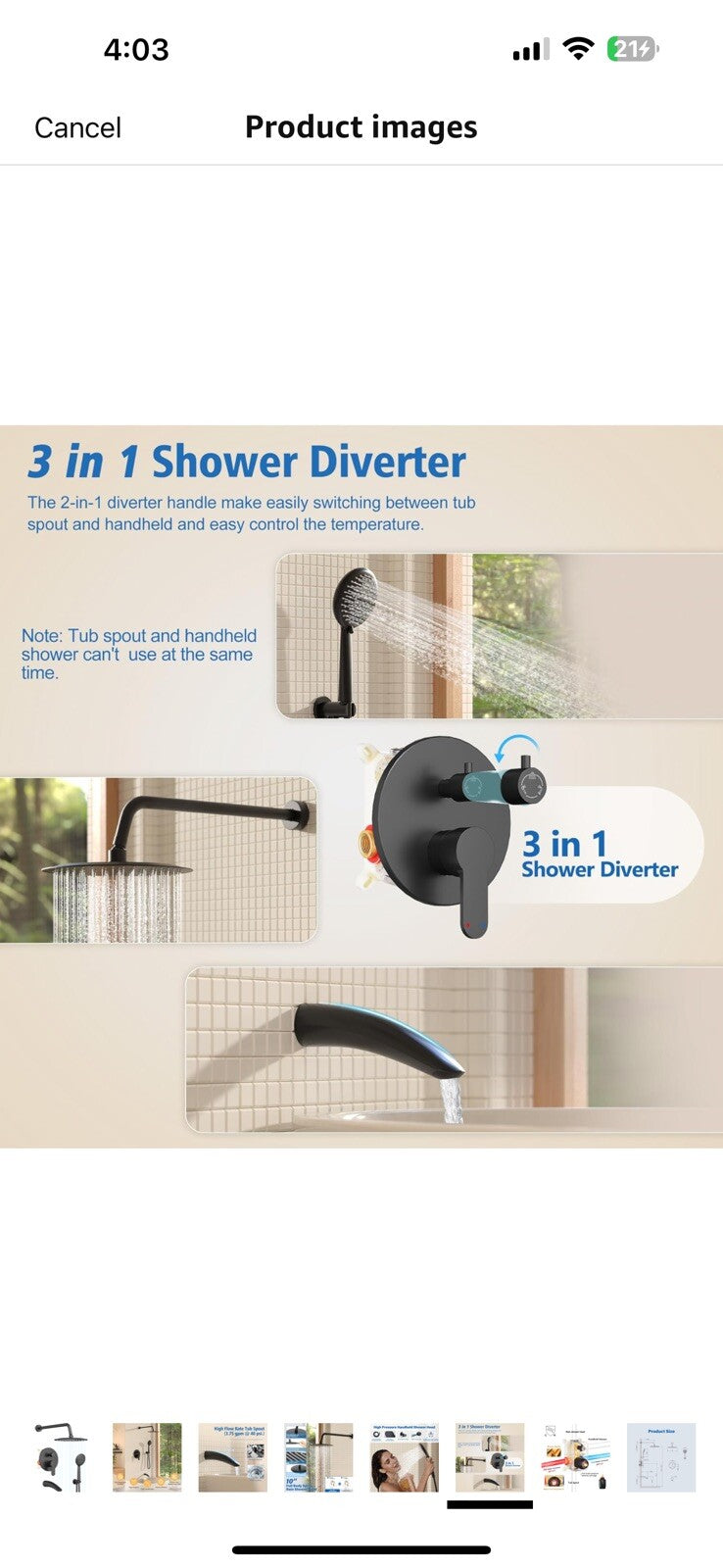 Gabrylly Shower System with Tub Spout, Black Bathtub Shower Faucet Set, 10" 
