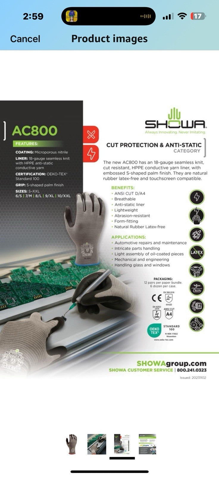 SHOWA AC800 Static Dissipative Touch Screen Compatible A4 Cut Resistant  