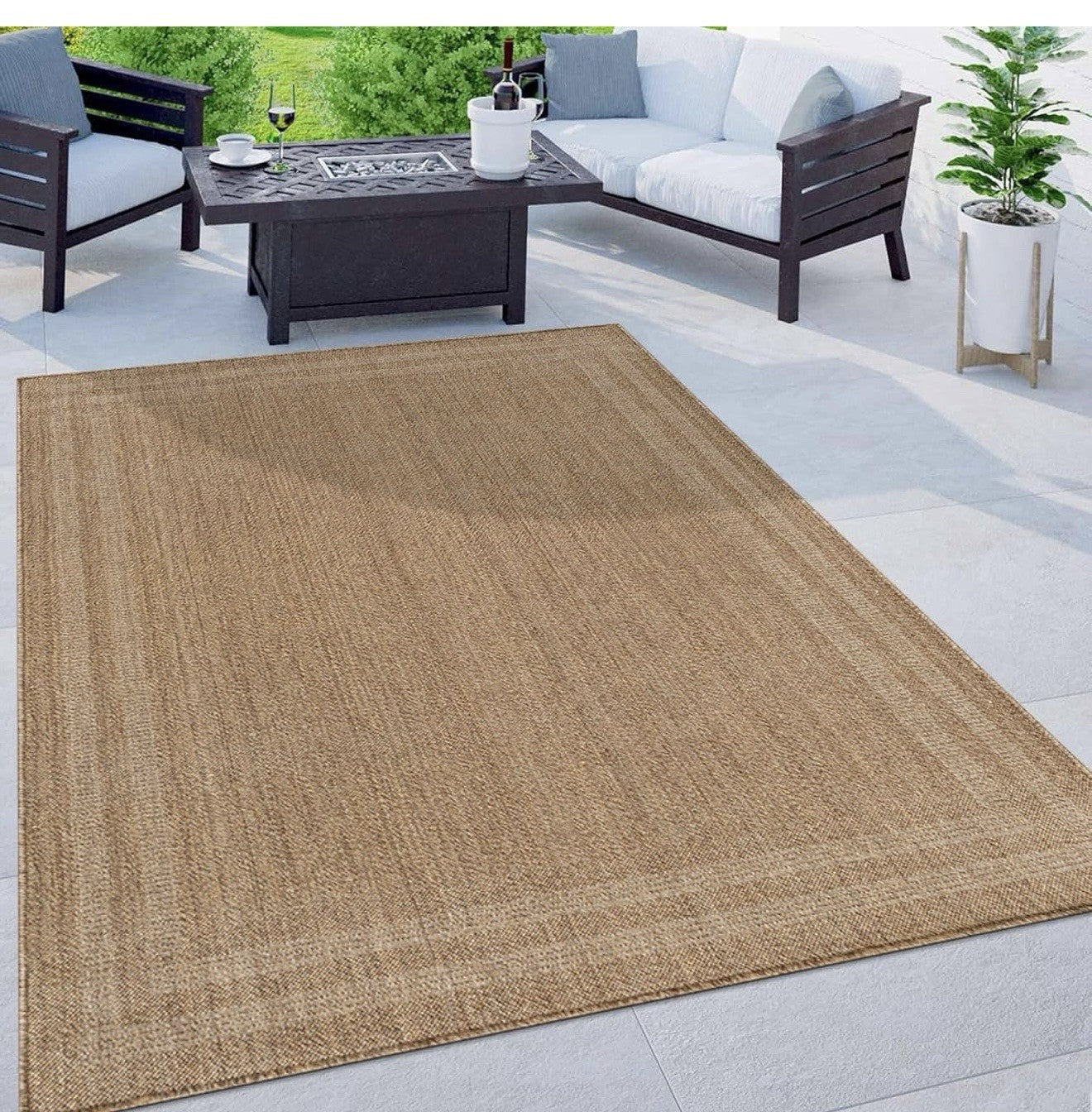 Rugshop Border Stripe Indoor Outdoor Flat Woven Area Rug,Natural 5x7