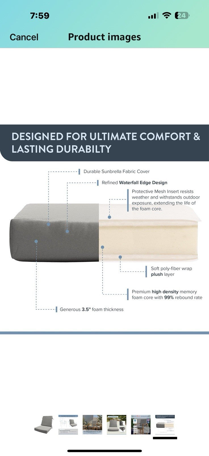 California Umbrella Foam Dining Chair Cushion, 20 x 40, Granite