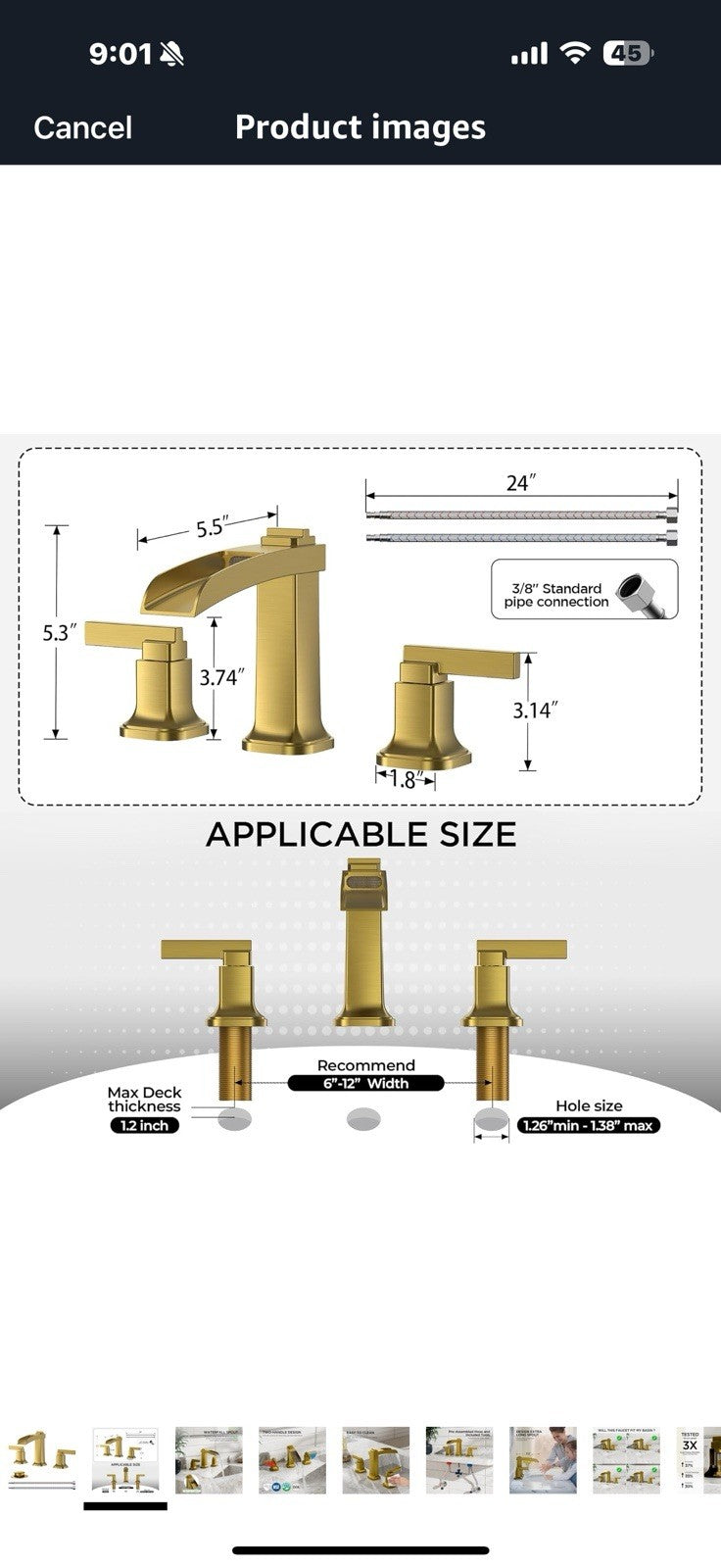 FORIOUS Waterfall Brushed Gold Bathroom Faucets 3 Hole, Modern 